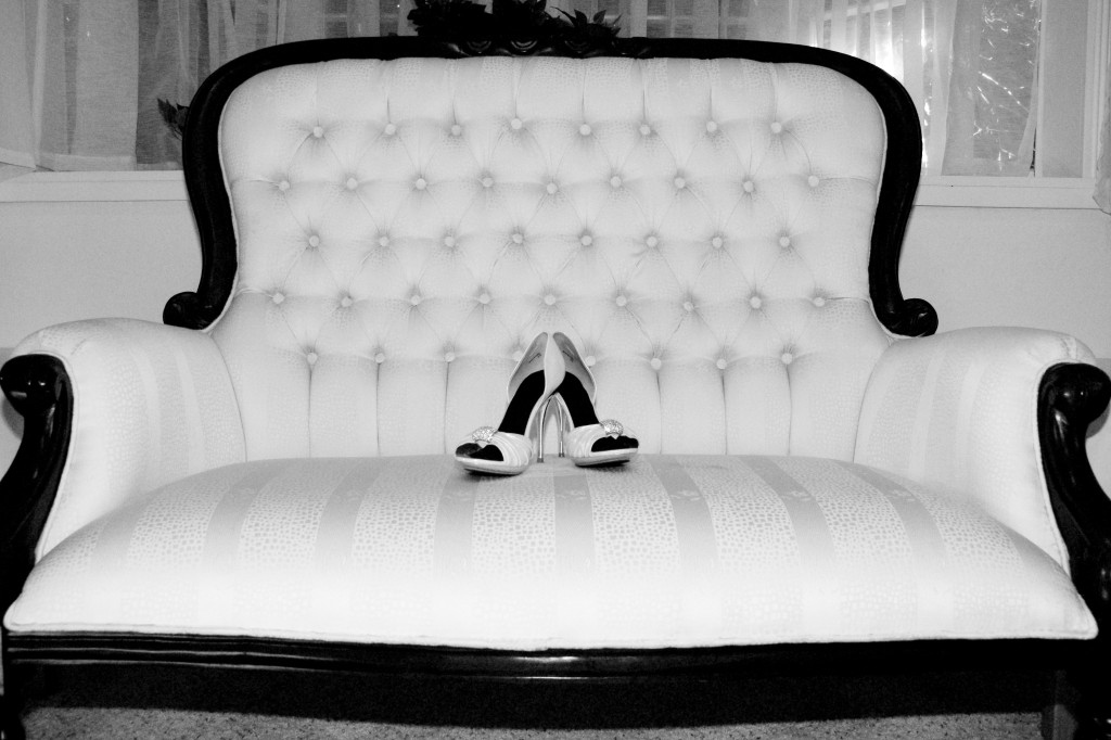 Fancy Feet Wedding - bridal shoes on couch