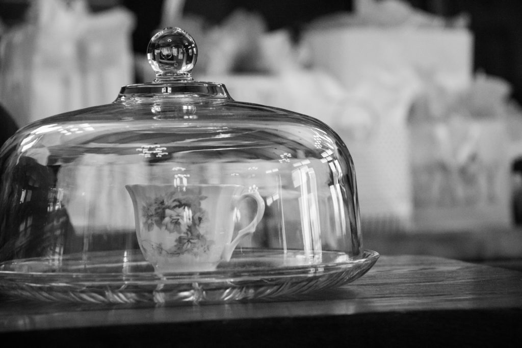 black and white teacup in a glass dome