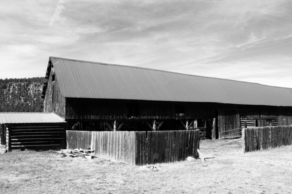 black and white photo of the Million Ranch barn in South Fork Colorado