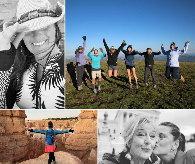 collage of photographer ashlee bratton hiking, jumping with friends, and kissing her mom